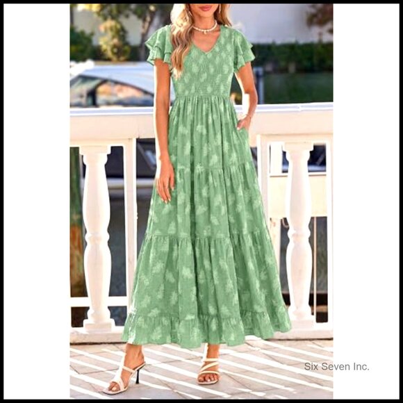 Soft Polyester Maxi Dress with Ruffle Sleeves, V Neck, Smocked Bodice, Pockets - Picture 3 of 7